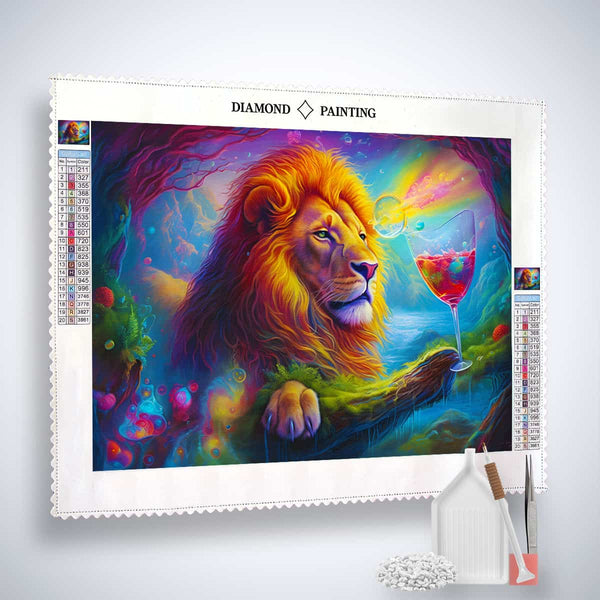 AB Diamond Painting - Lion Game, vibrant rainbow lion holding wine glass, paint by numbers kit with canvas, acrylic diamonds, and tools