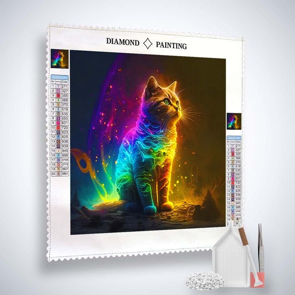 AB Diamond Painting - Neon Cat in Space on Canvas with Painting Tools, Sparkling Rainbow Colors, Paint by Numbers Kit