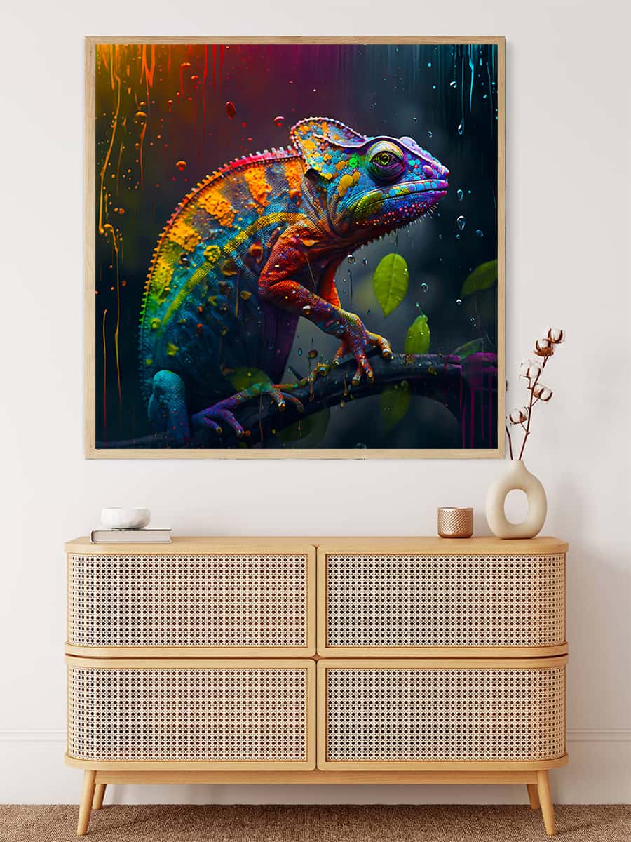Colorful chameleon diamond painting hanging on wall above rattan console table