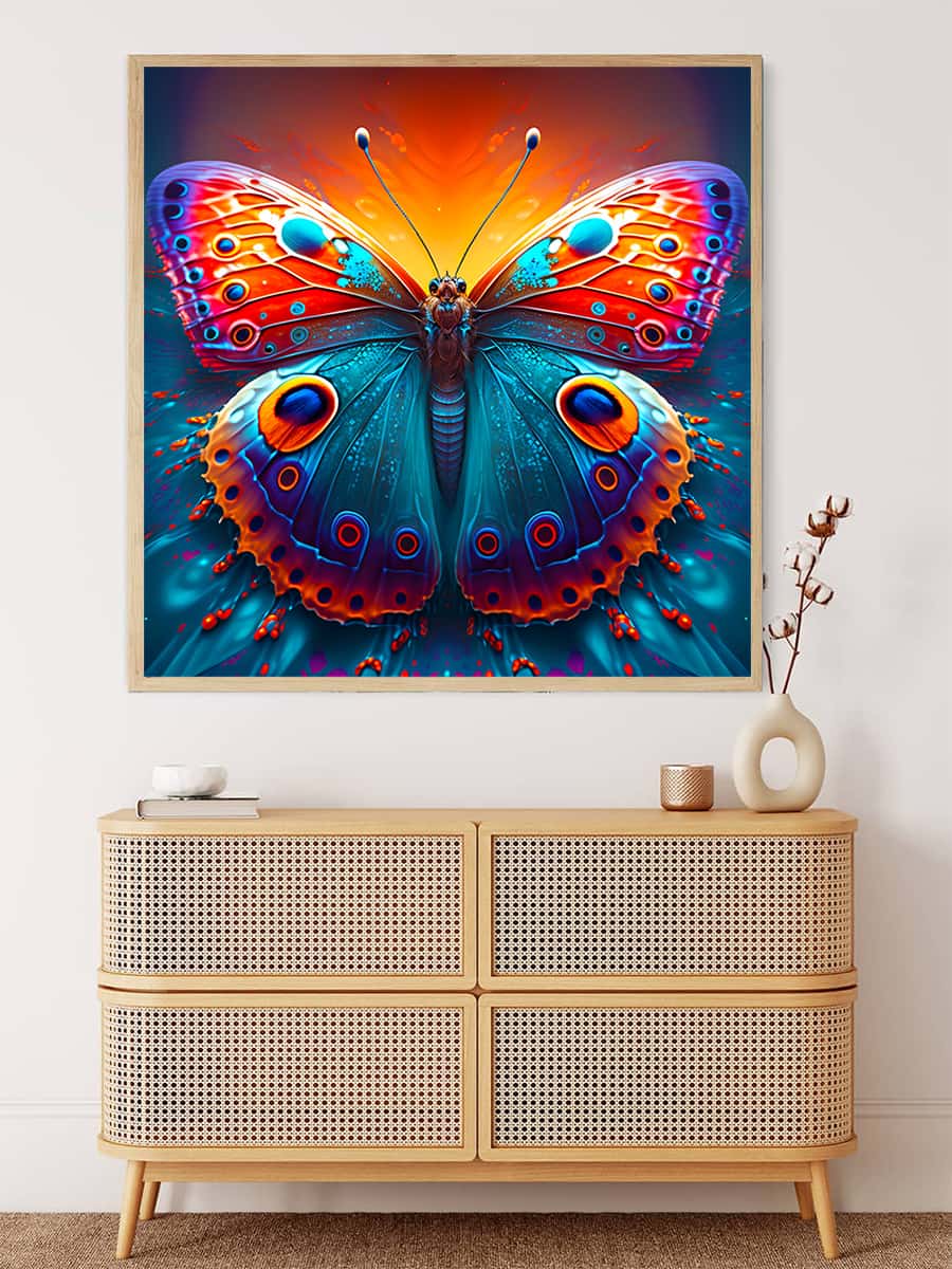Diamond Painting Butterfly Eye on canvas displayed above a wooden dresser in a modern room. Paint by Numbers art.