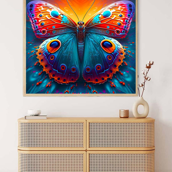 Diamond Painting Butterfly Eye on canvas displayed above a wooden dresser in a modern room. Paint by Numbers art.