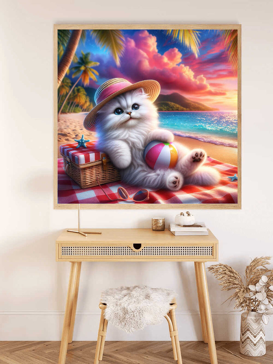 Fluffy kitten in a straw hat with a beach ball on a tropical beach, Paint by Numbers - Sweet Beach Life art.