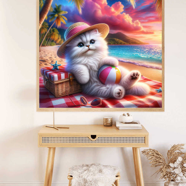 Fluffy kitten in a straw hat with a beach ball on a tropical beach, Paint by Numbers - Sweet Beach Life art.
