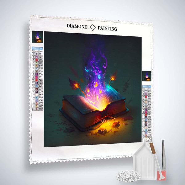Diamond Painting kit featuring a book with vibrant purple and blue magical effects, professional canvas and tools included