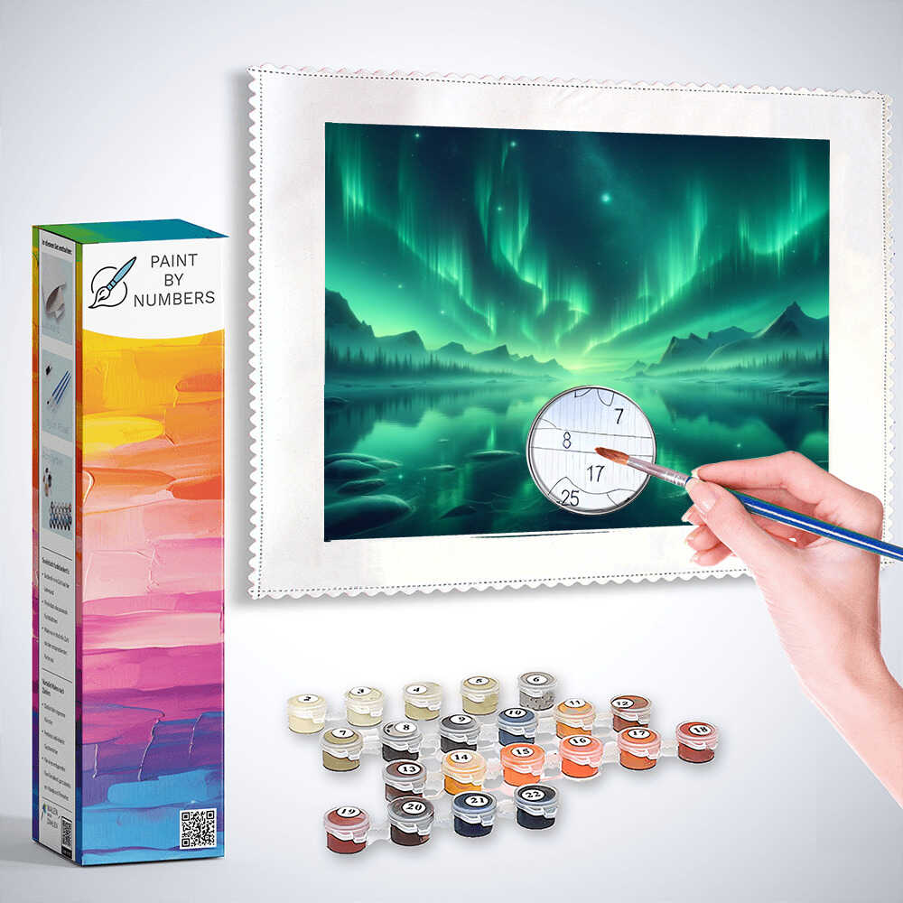 Paint by Numbers - Northern lights in green, seascape