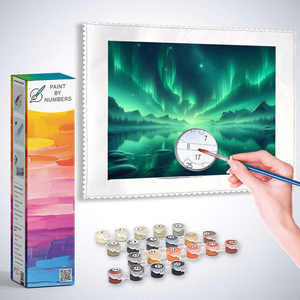 Paint by Numbers - Northern lights in green, seascape