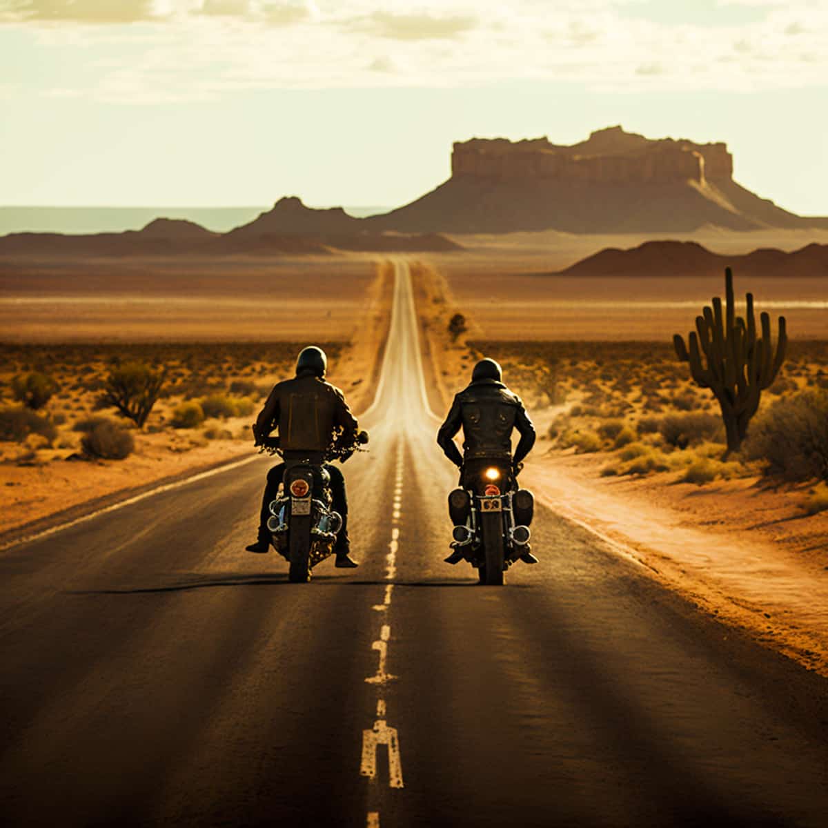 Two motorcyclists riding on a desert highway with distant mountain formations and cactus under a bright sky