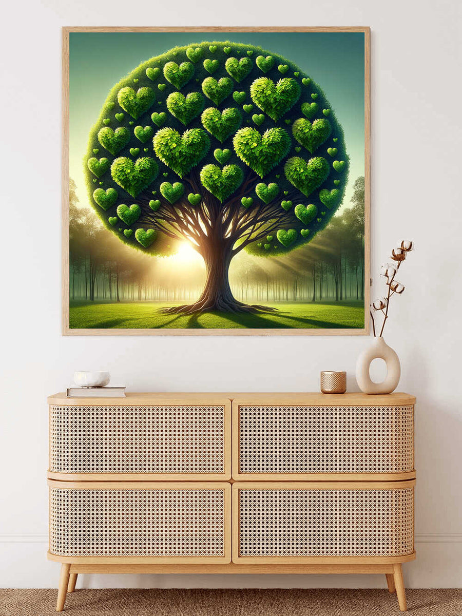 Paint by Numbers - Heart Tree artwork with heart-shaped leaves in shades of green, combining realism and fantasy, displayed above a wooden cabinet.