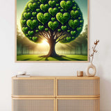 Paint by Numbers - Heart Tree artwork with heart-shaped leaves in shades of green, combining realism and fantasy, displayed above a wooden cabinet.