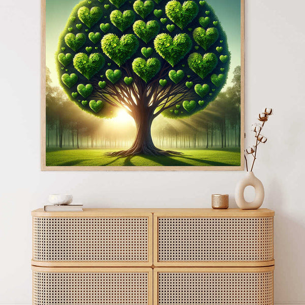 Paint by Numbers - Heart Tree artwork with heart-shaped leaves in shades of green, combining realism and fantasy, displayed above a wooden cabinet.