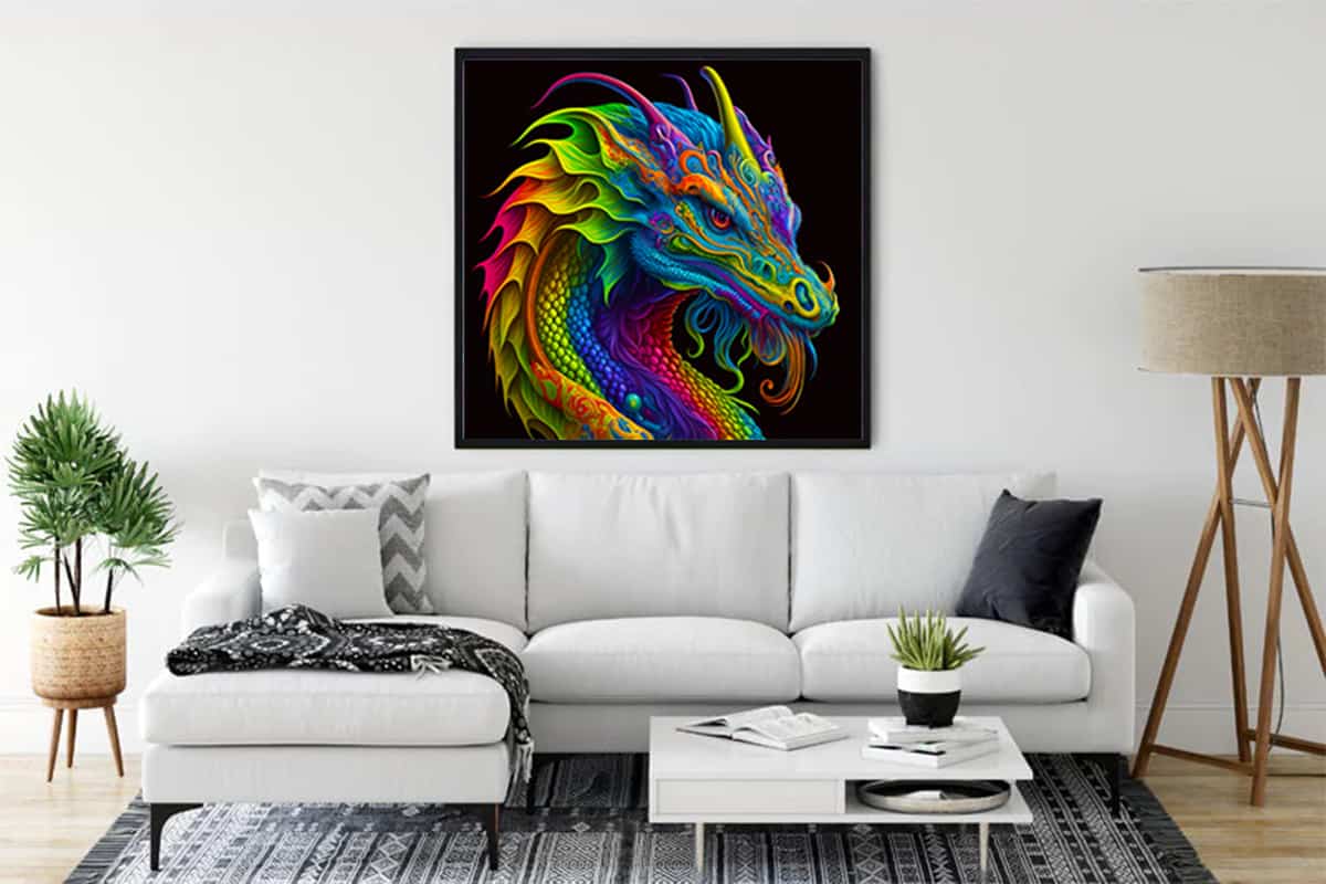 Diamond Painting - Dragon Dance displayed on a white wall above a couch in a stylish living room, vibrant colors, Paint by Numbers art.