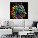 Diamond Painting - Dragon Dance displayed on a white wall above a couch in a stylish living room, vibrant colors, Paint by Numbers art.