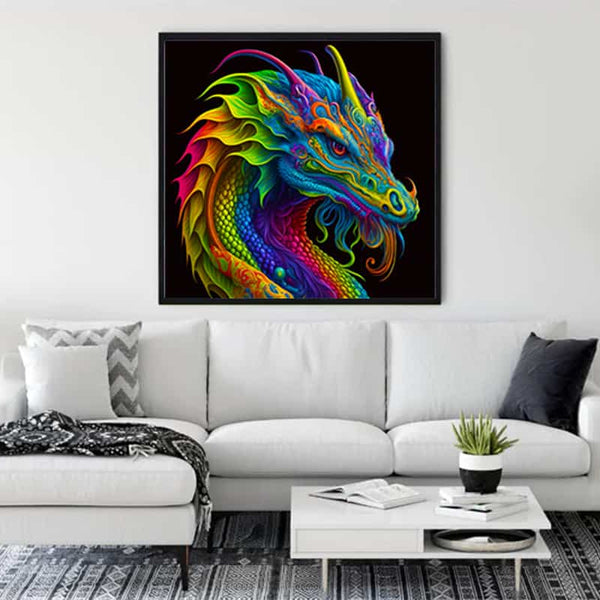 Diamond Painting - Dragon Dance displayed on a white wall above a couch in a stylish living room, vibrant colors, Paint by Numbers art.