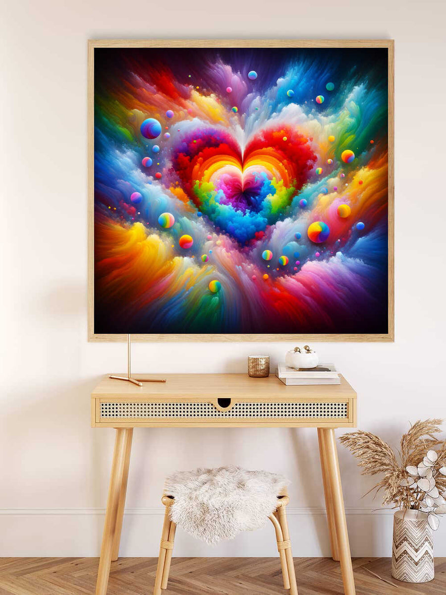 Vibrant abstract heart design Paint by Numbers kit titled "Abstract Love" hung above a modern desk with neutral decor.