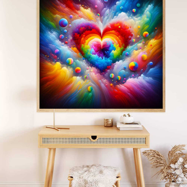 Vibrant abstract heart design Paint by Numbers kit titled "Abstract Love" hung above a modern desk with neutral decor.