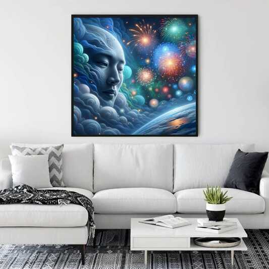 Paint by Numbers - Cosmic Euphoria artwork above a white sofa in a modern living room, featuring celestial bodies and fireworks.