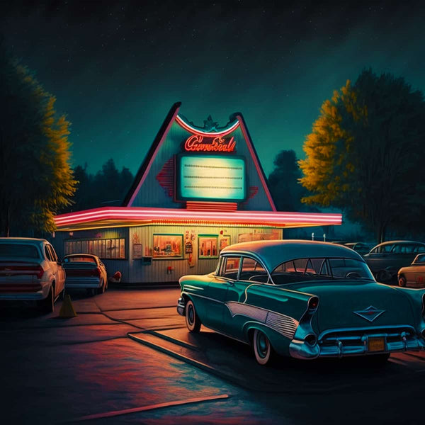 Vintage 50s-themed drive-in diner lit up at night with classic cars parked, capturing the charm and nostalgia of the era.