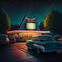 Vintage 50s-themed drive-in diner lit up at night with classic cars parked, capturing the charm and nostalgia of the era.