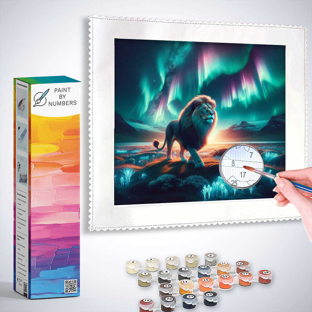 Paint by Numbers kit featuring a majestic lion under Northern Lights with vibrant green, purple, and cyan hues.