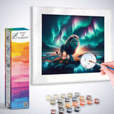 Paint by Numbers kit featuring a majestic lion under Northern Lights with vibrant green, purple, and cyan hues.