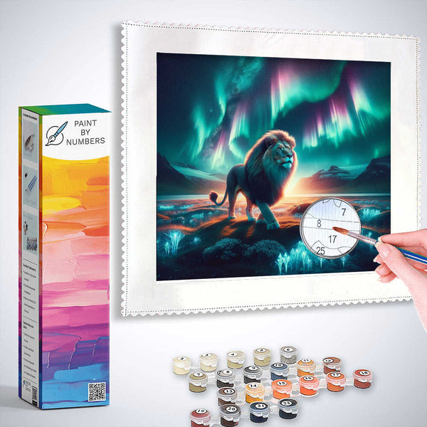 Paint by Numbers kit featuring a majestic lion under Northern Lights with vibrant green, purple, and cyan hues.