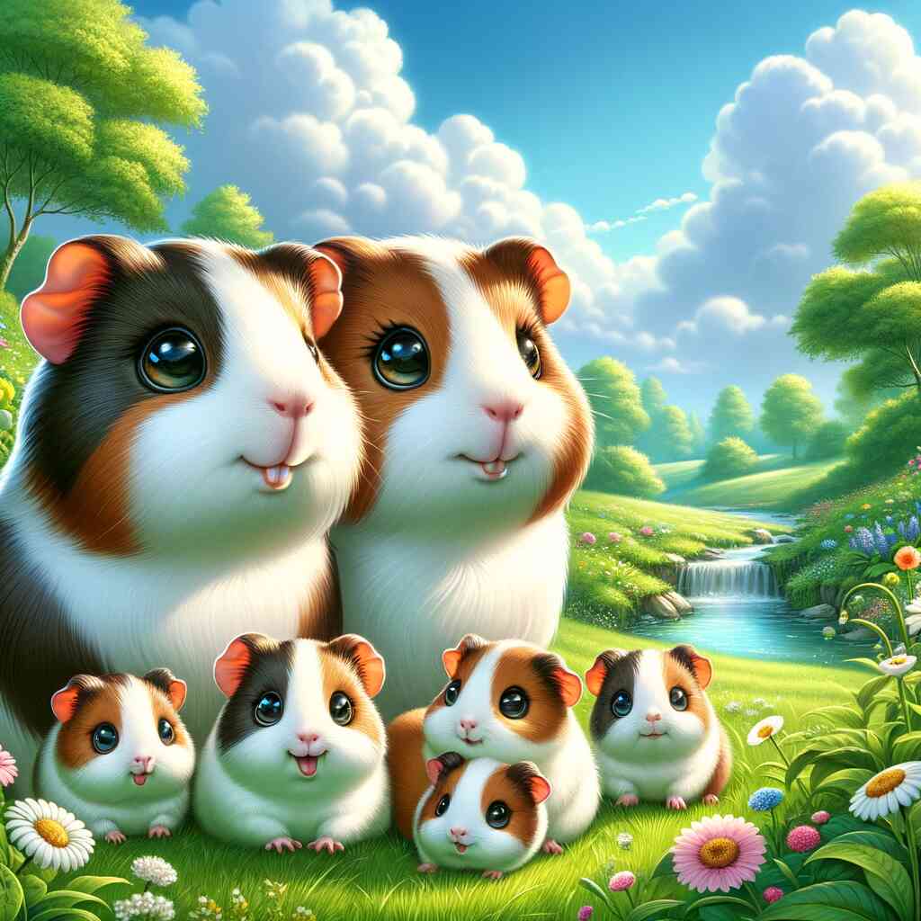 Paint by Numbers - Magic of the Meadow Friends featuring six adorable guinea pigs in front of a lush landscape with a stream and blue sky.
