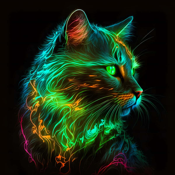 Neon green cat in AB Diamond Painting Kit, featuring vibrant glow-in-the-dark colors for a unique paint by numbers experience.