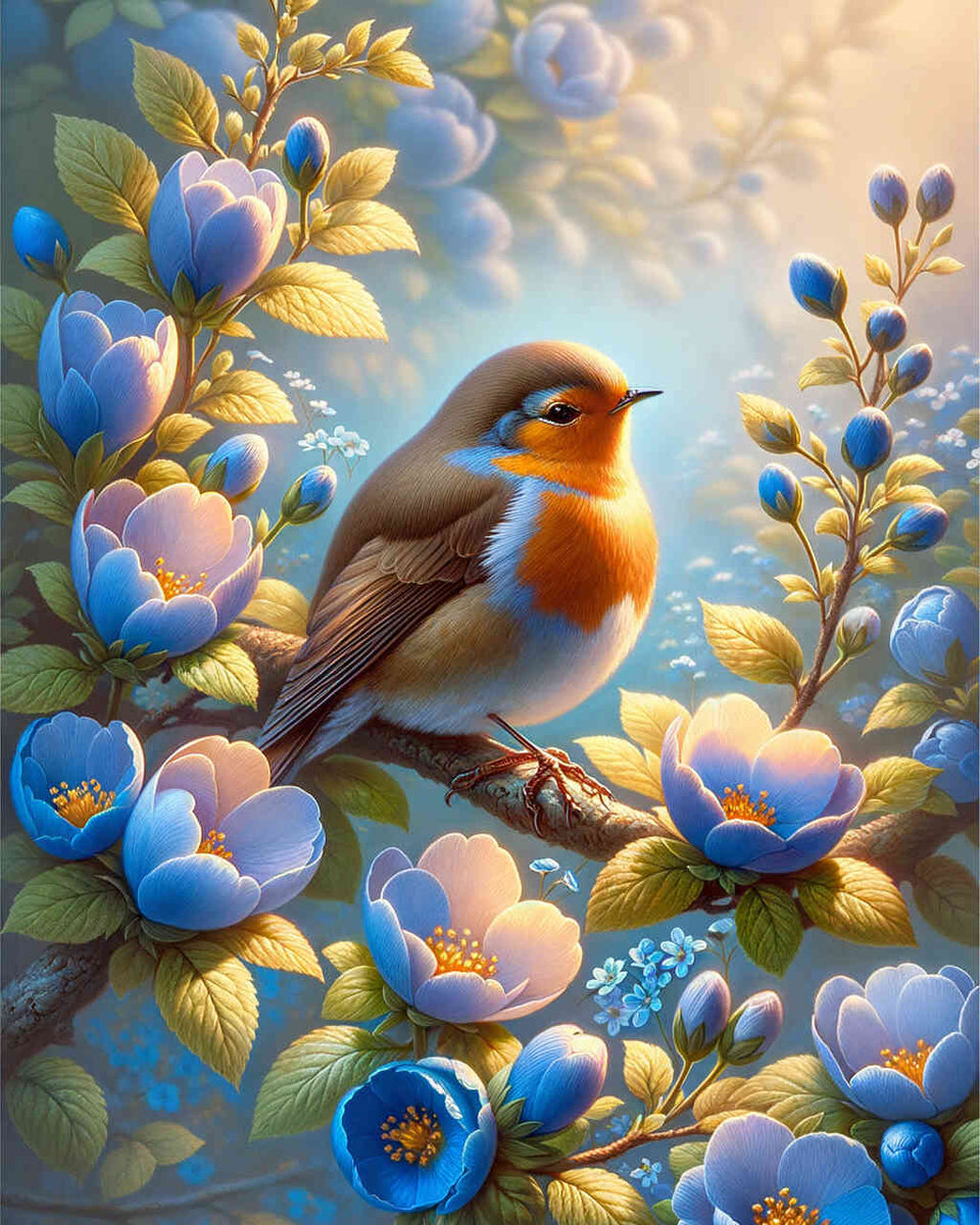 Paint by Numbers - Robin, blue flowers