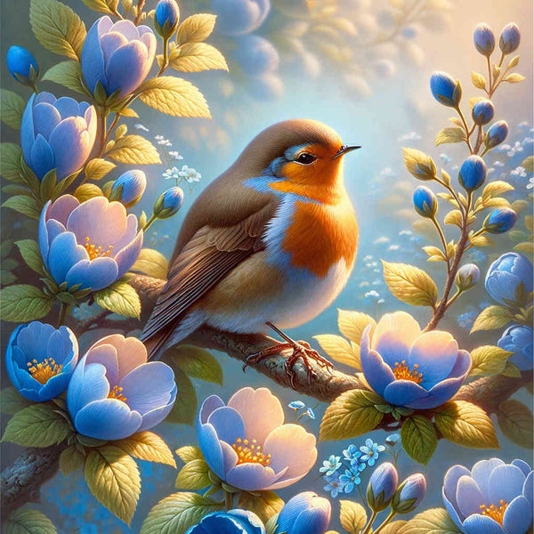 Paint by Numbers - Robin, blue flowers