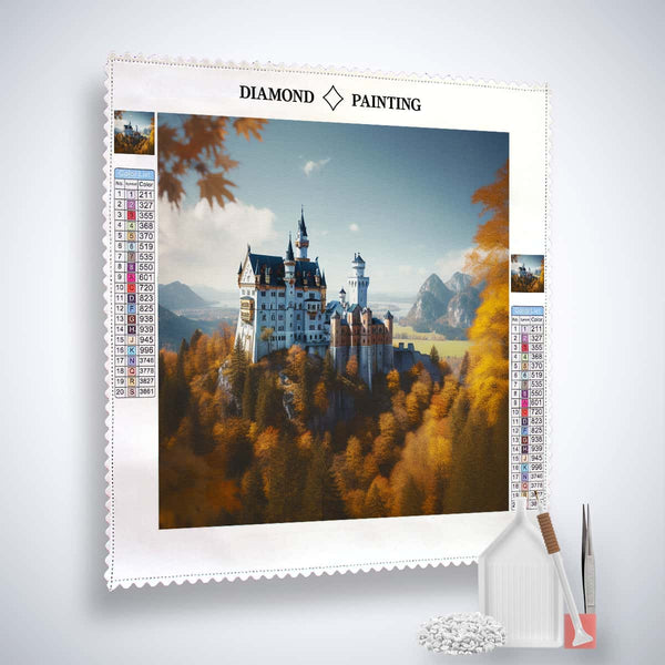 Diamond Painting Kit - Neuschwanstein Castle, autumn landscape, paint by numbers, professional canvas, acrylic diamonds, artist tools