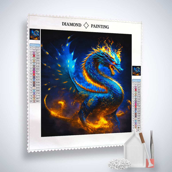 Diamond Painting Kit with dragon design, professional canvas, acrylic diamonds, artist's tweezers, and application pen. Paint by Numbers art.