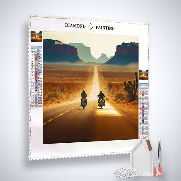Diamond Painting kit featuring two motorbikes on a desert road at sunset with tools included for Paint by Numbers.