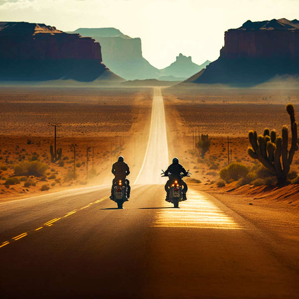 Two motorcyclists riding towards distant mesas in a scenic desert landscape, with cacti and an expansive, sunlit highway.