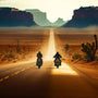 Two motorcyclists riding towards distant mesas in a scenic desert landscape, with cacti and an expansive, sunlit highway.
