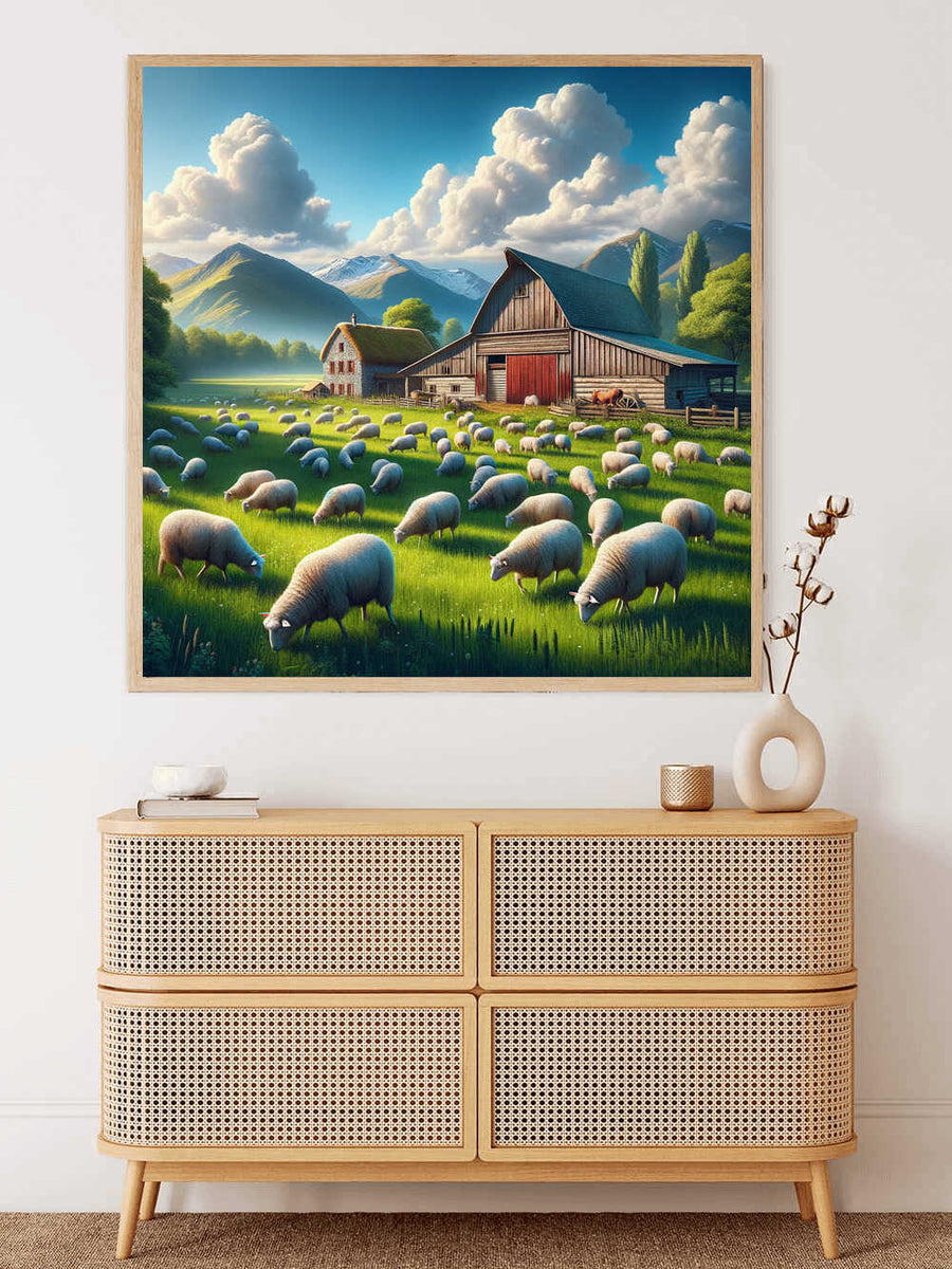 Paint by Numbers - Idyllic country life scene with lush meadows, sheep, rustic farmhouses, and majestic mountains under a sunny sky