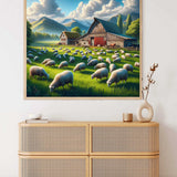 Paint by Numbers - Idyllic country life scene with lush meadows, sheep, rustic farmhouses, and majestic mountains under a sunny sky