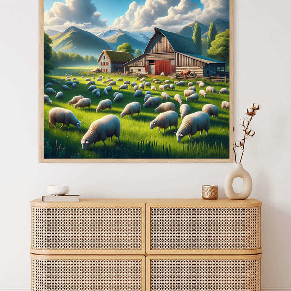 Paint by Numbers - Idyllic country life scene with lush meadows, sheep, rustic farmhouses, and majestic mountains under a sunny sky