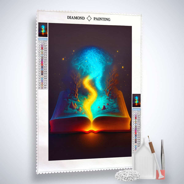 AB Diamond Painting kit with a magic book design, vibrant colors, included application tools, sparkly acrylic diamonds, Paint by Numbers