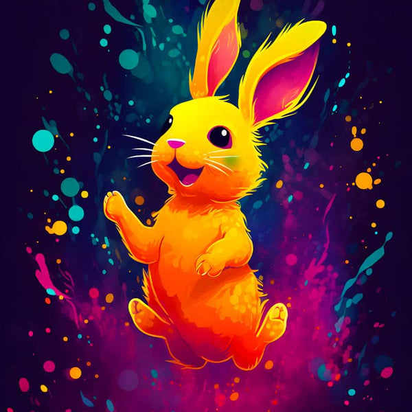 Colorful "Laughing Bunny" diamond painting kit, featuring a vibrant yellow bunny with pink ears, perfect for Paint by Numbers enthusiasts.