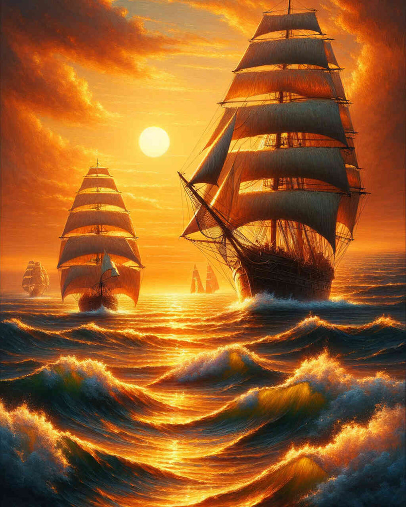 Sailing ships, sunset - Paint by Numbers