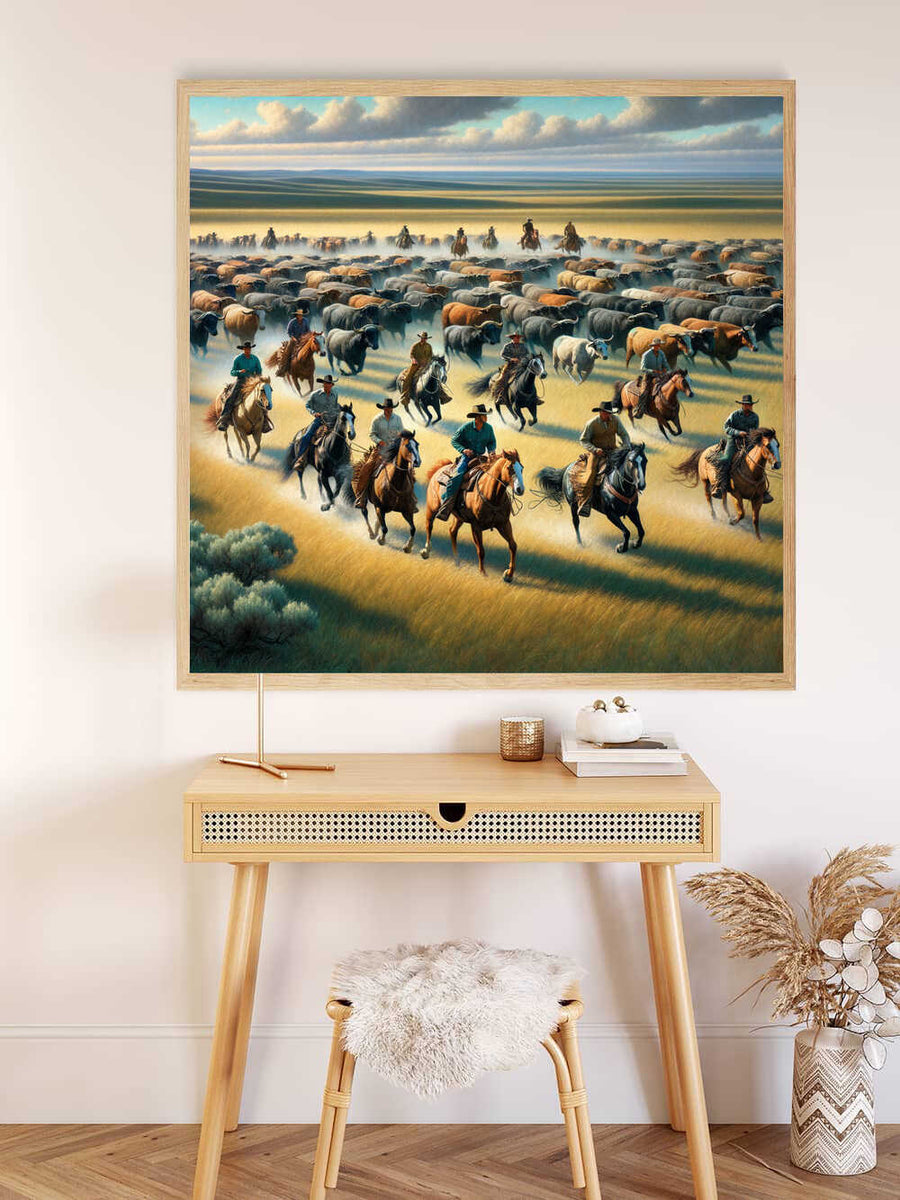 Paint by Numbers - "Expanse of the Wild West" on wall above desk, featuring cowboys and cattle in a vivid, warm-toned landscape.