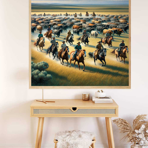 Paint by Numbers - "Expanse of the Wild West" on wall above desk, featuring cowboys and cattle in a vivid, warm-toned landscape.