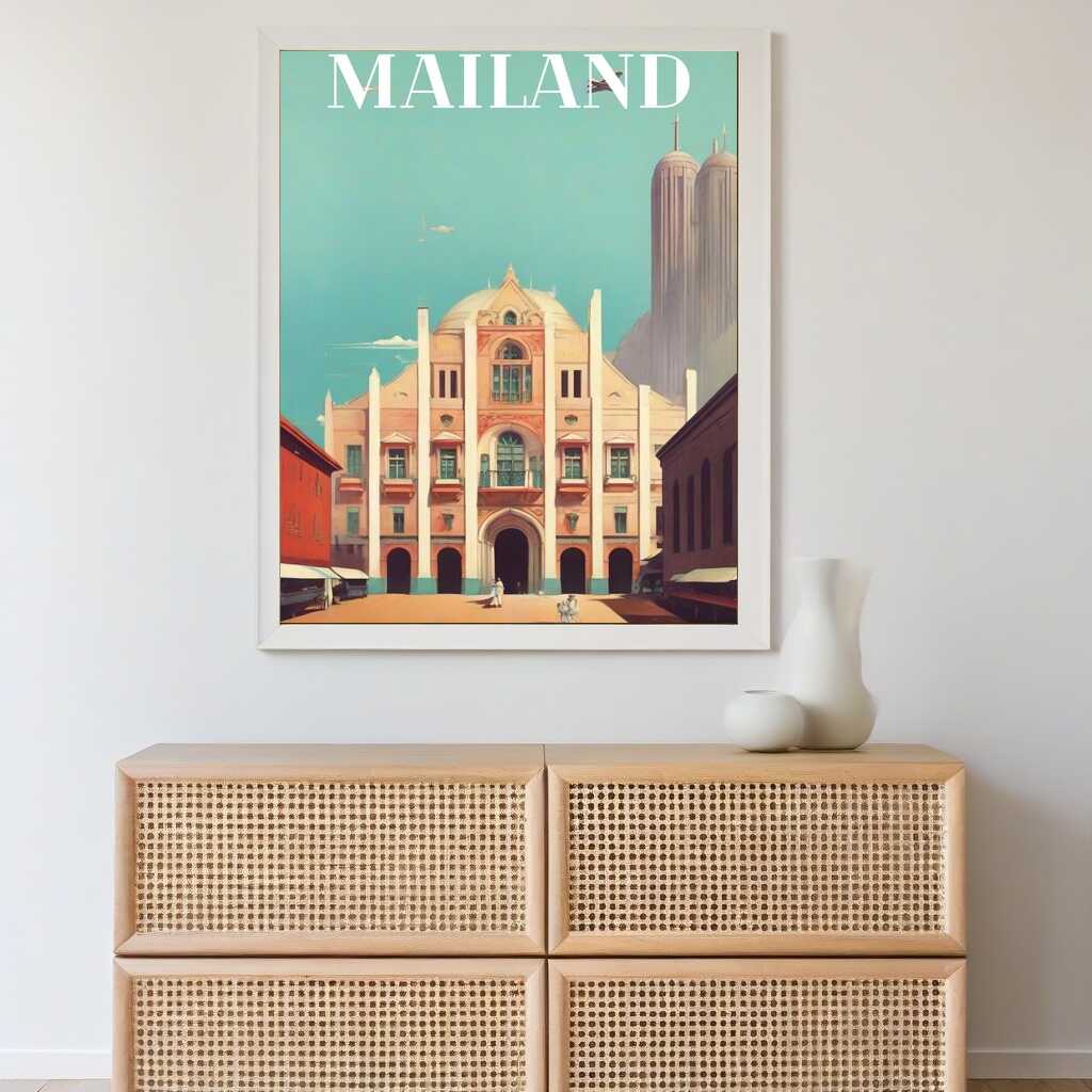 Paint by Numbers "Dreamy Times in Milan" art print featuring a central building, skyscrapers, and an empty piazza in a modernist style.