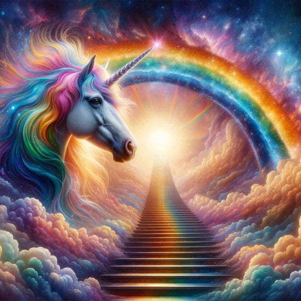 Paint by Numbers - Rainbow unicorn in front of stairs to the rainbow