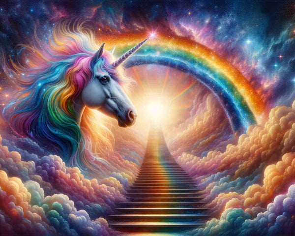 Paint by Numbers - Rainbow unicorn in front of stairs to the rainbow