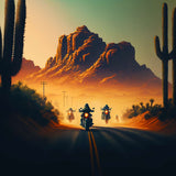 Motorcyclists riding through desert highway at sunset with mountains and cacti in background