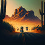 Motorcyclists riding through desert highway at sunset with mountains and cacti in background