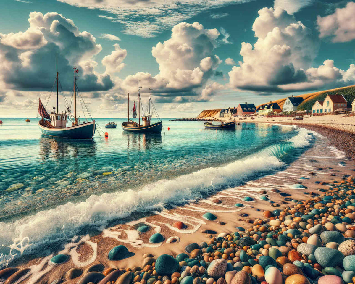 Paint by Numbers Coastal Whispers - Pastel skies over a peaceful fishing village with colorful pebbles, traditional boats, and cozy houses.
