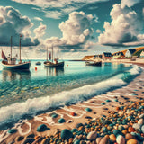 Paint by Numbers Coastal Whispers - Pastel skies over a peaceful fishing village with colorful pebbles, traditional boats, and cozy houses.