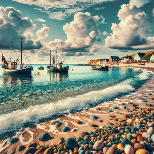 Paint by Numbers Coastal Whispers - Pastel skies over a peaceful fishing village with colorful pebbles, traditional boats, and cozy houses.
